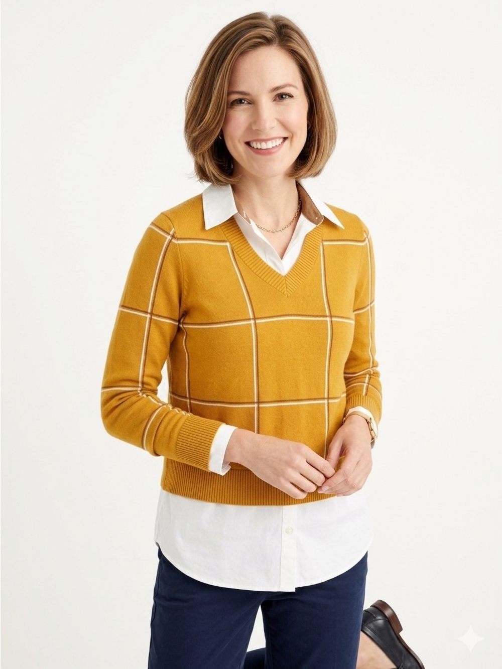 Jones New York Mustard Windowpane V-Neck Sweater with Attached Blouse Size S